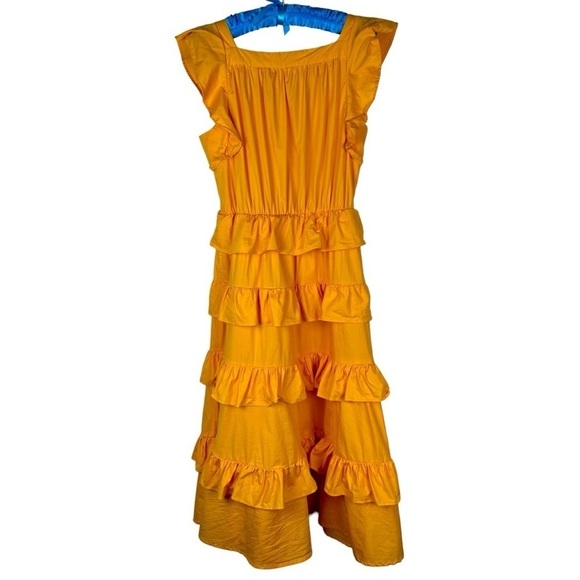 RACHEL PARCELL COTTON POPLIN FLUTTER SLEEVE RUFFLE TIER AMBER YELLOW MIDI DRESS - Picture 3 of 11